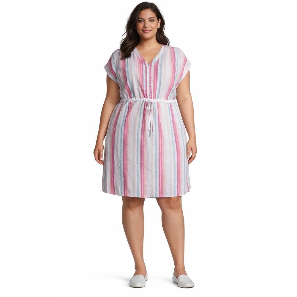 Time & Tru Linen‎ Dress XL 16 18 Multicolor Stripe Pink Short Sleeve V Neck